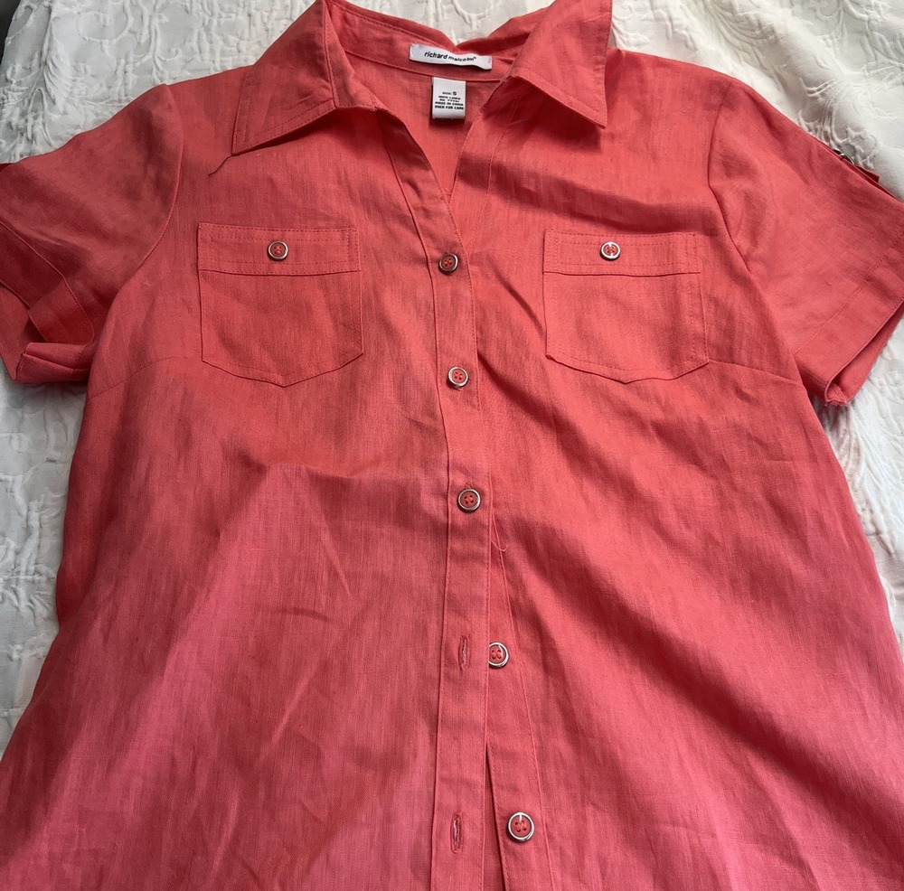 Richard Malcolm Blouse top 100% Linen Coral SM, Sh Sleeve collar Beachy Coastal